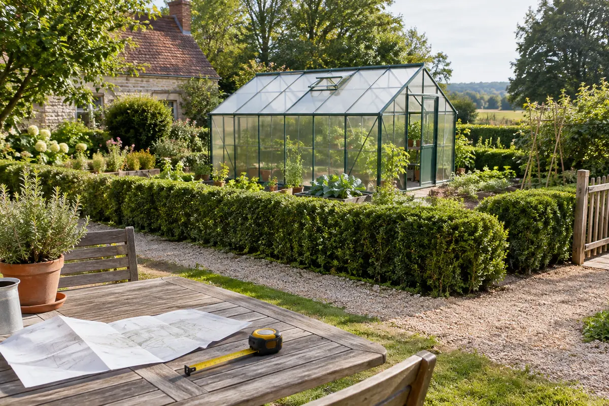 Serre de jardin dans une parcelle délimitée, avec un plan et un mètre pour préparer son implantation
