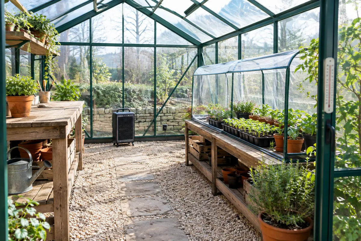 Chauffage électrique installé à distance des jeunes plants dans une serre de jardin
