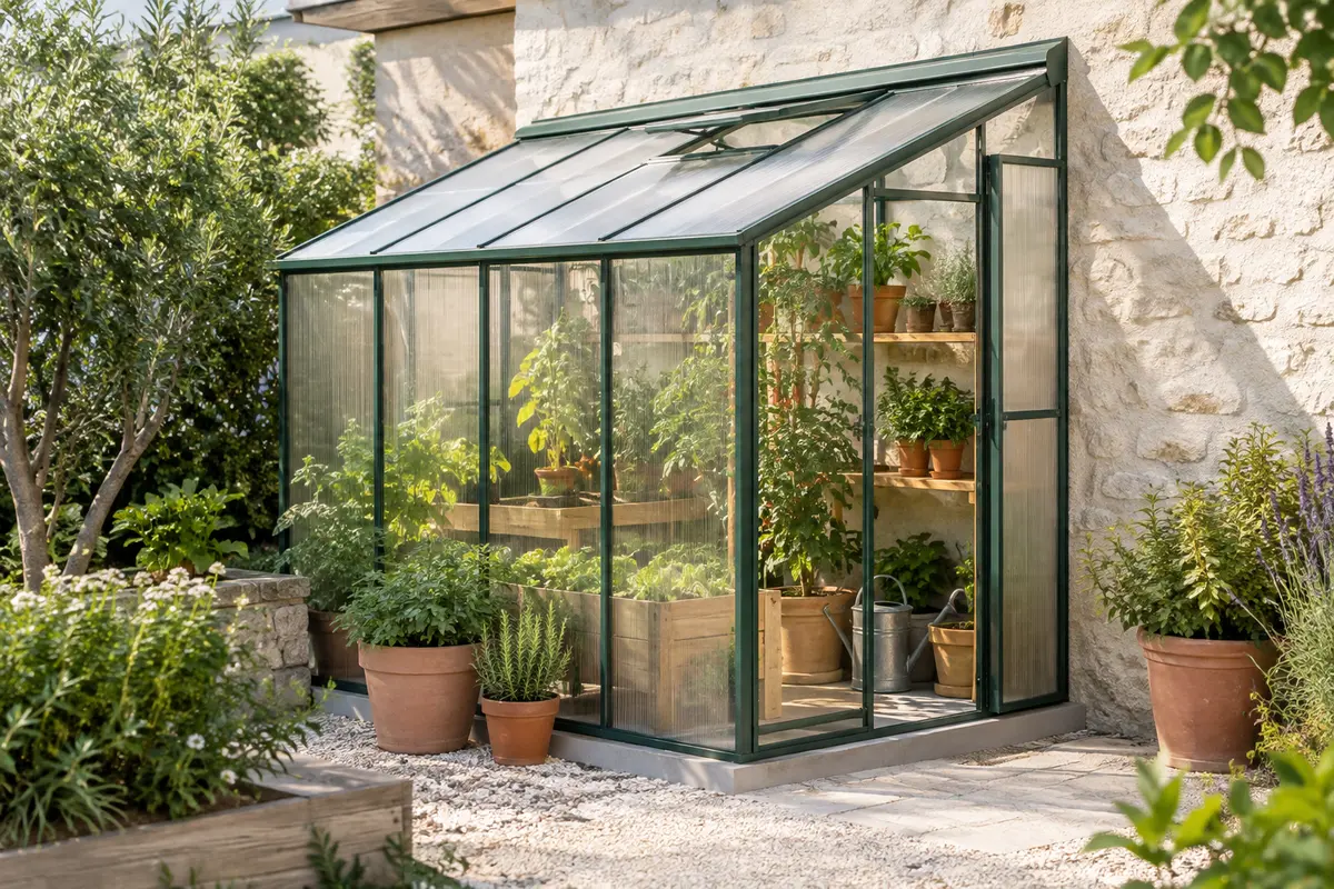 Serre adossée contre un mur, avec des plants en pots et un accès dégagé devant l’entrée.