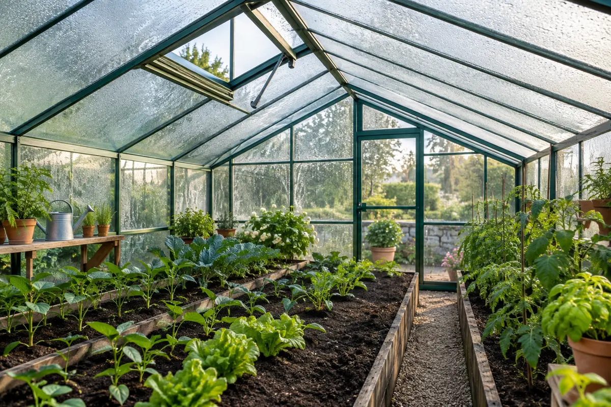 Gouttelettes de condensation sur la paroi intérieure d’une serre au-dessus de jeunes plants, lucarne entrouverte.