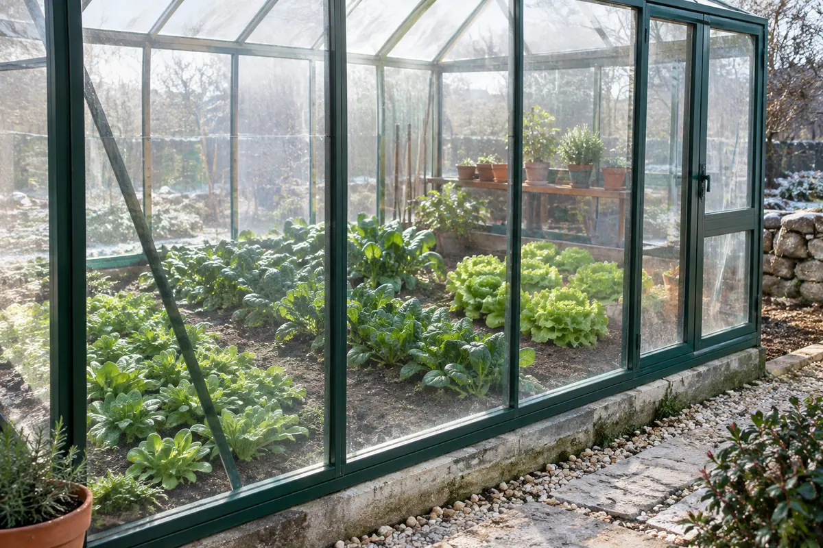 Rangs de mâche, d’épinards et de laitues cultivés dans une serre de jardin en hiver