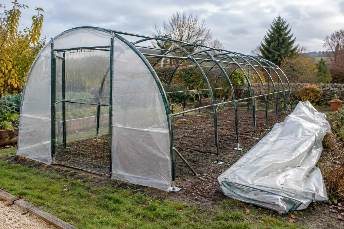 Serre tunnel de jardin et bâche repliée à proximité lors d’un contrôle avant l’hiver