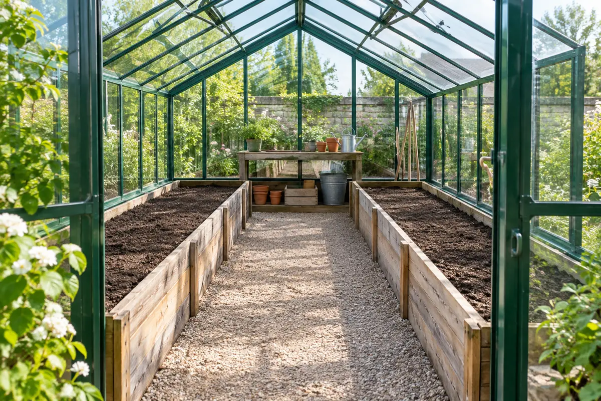 Serre de jardin avec planches latérales, allée centrale dégagée et espace de travail au fond