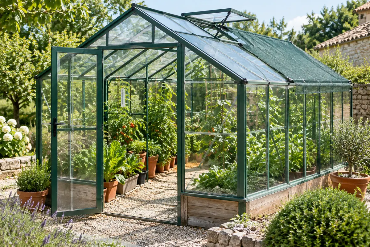 Serre de jardin estivale avec lucarne entrouverte, toile d’ombrage et cultures à l’abri du soleil direct