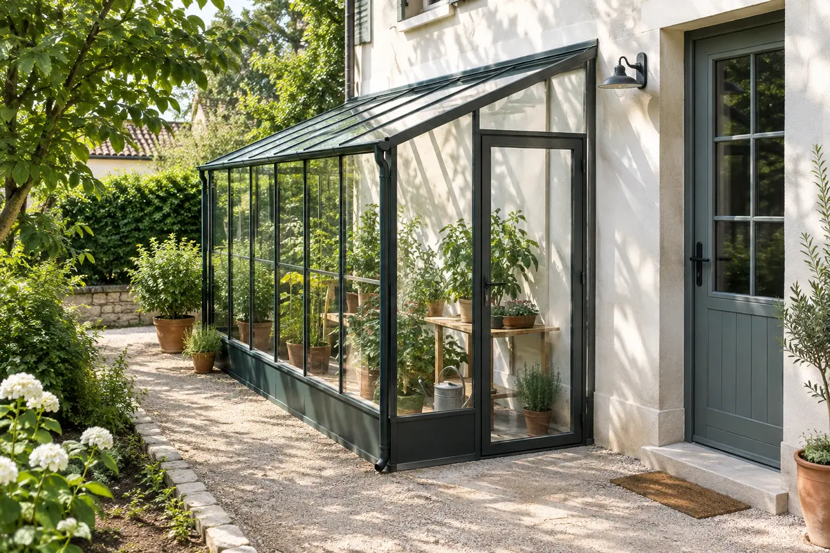Serre adossée contre une maison, avec un passage dégagé et une porte accessible dans le jardin