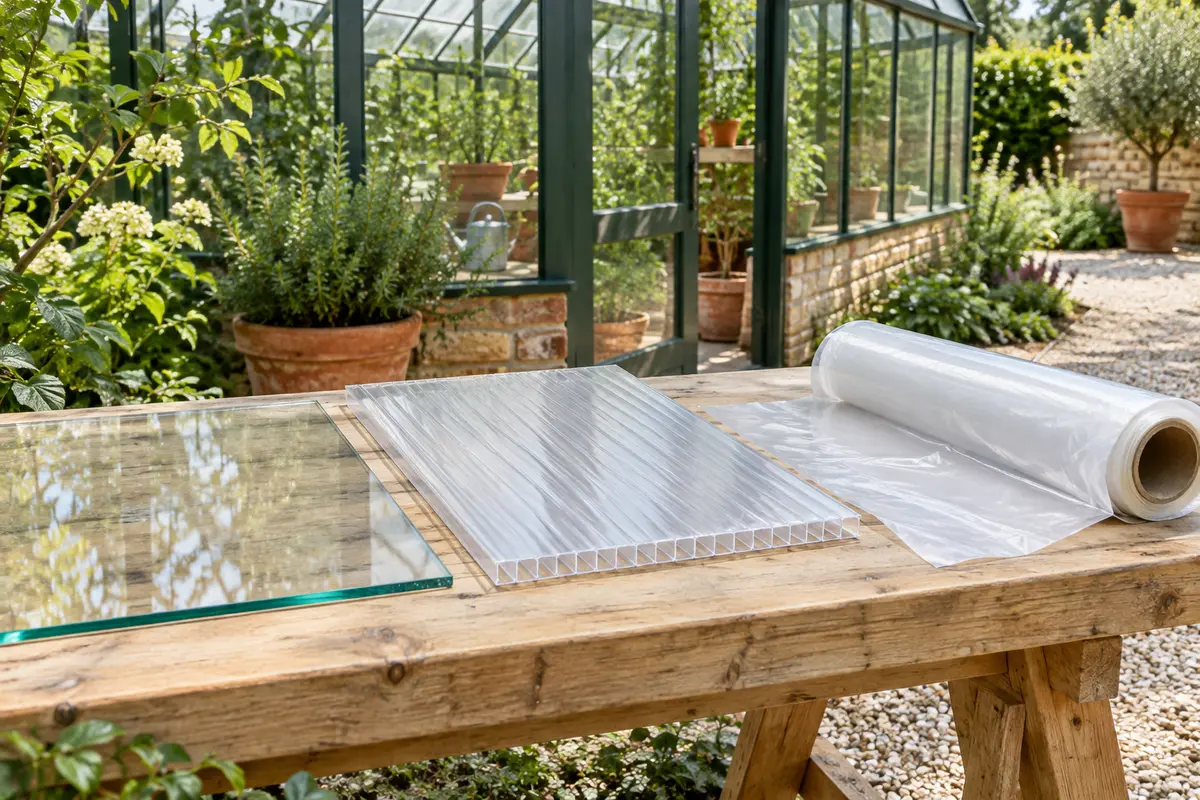 Plaque de verre, panneau de polycarbonate alvéolaire et rouleau de film transparent posés sur un établi devant une serre.