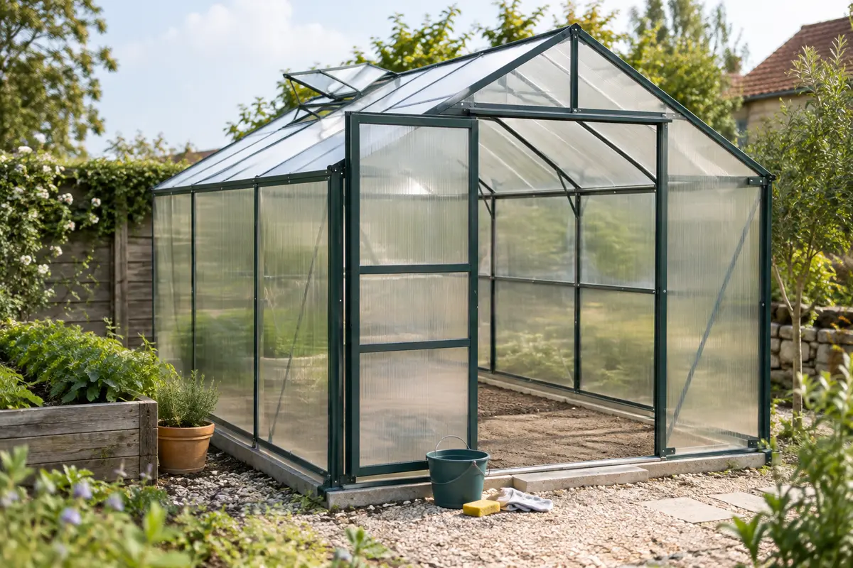 Serre de jardin vide avec parois en polycarbonate, profilés et outils doux de nettoyage au sol