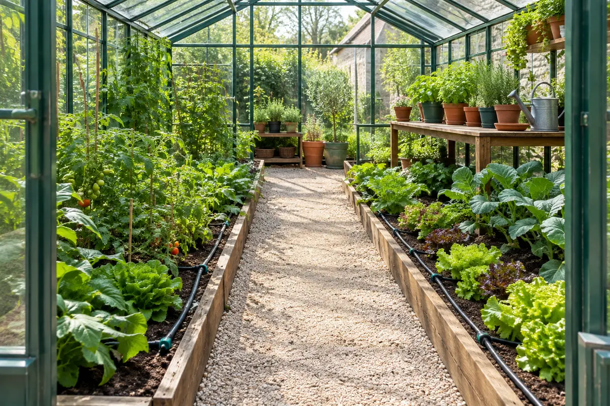 Tuyaux disposés le long des rangs et des pots dans une serre de jardin bien organisée