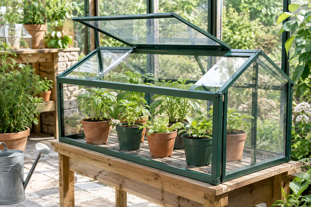Mini-serre de jardin entrouverte avec de jeunes plants en pots exposés à une lumière douce