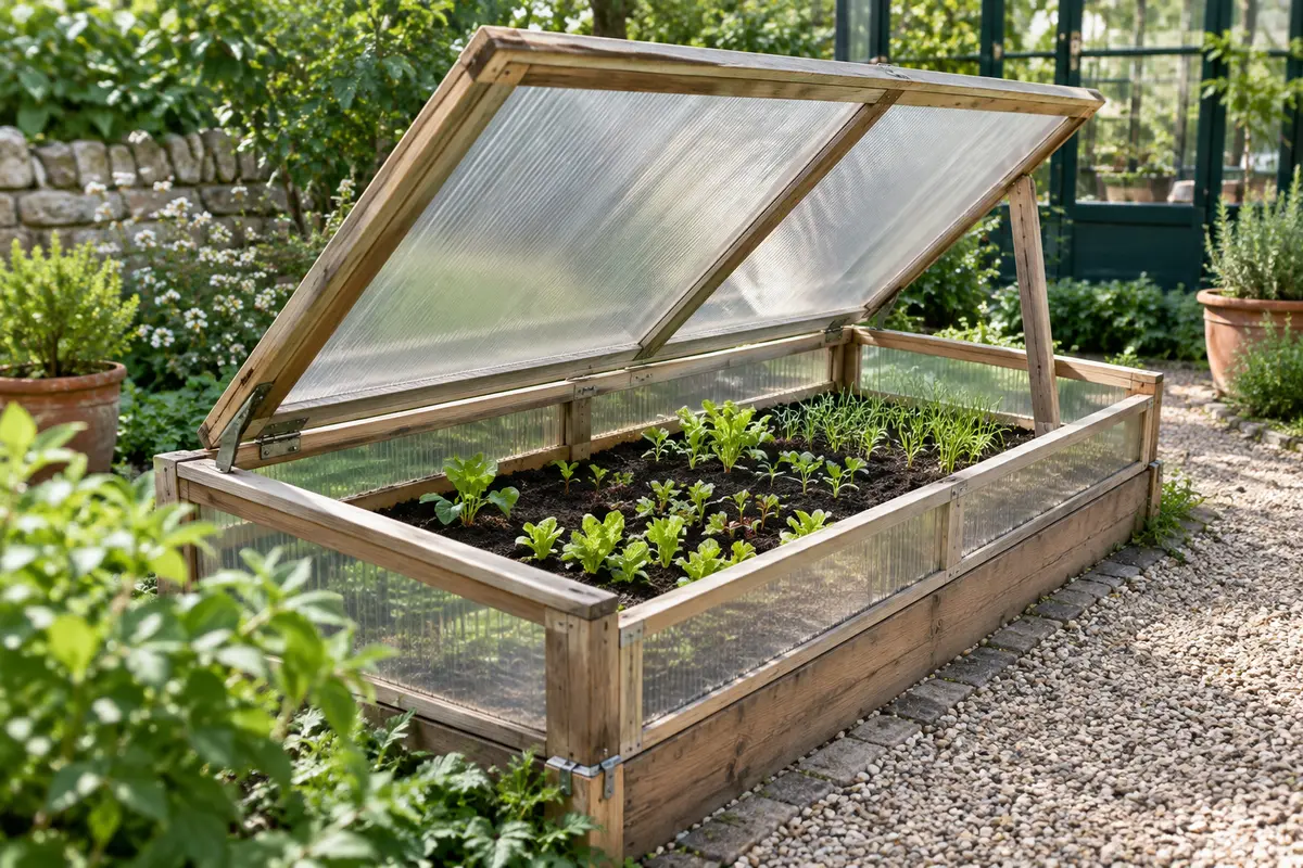 Châssis de jardin ouvert sur une planche de culture, avec des semis accessibles depuis une allée dégagée.
