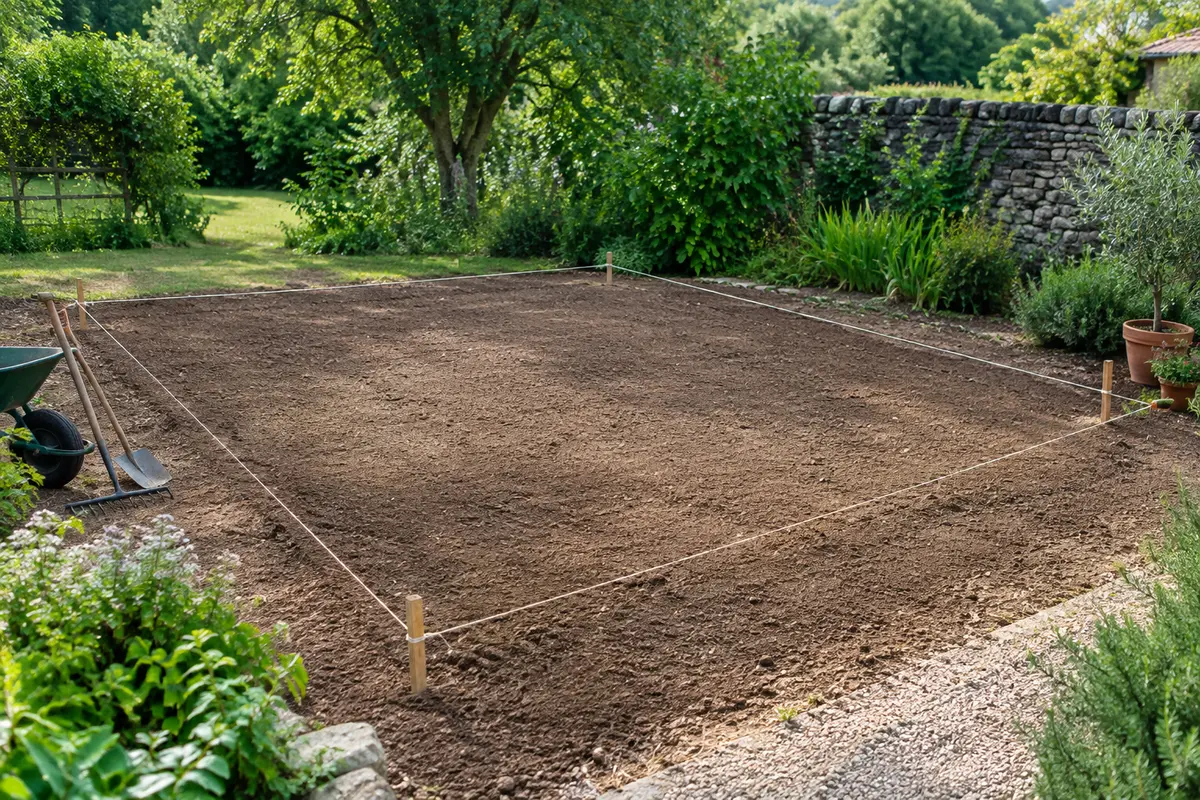Terrain nivelé et délimité par des piquets avant l’installation d’une serre tunnel de jardin.