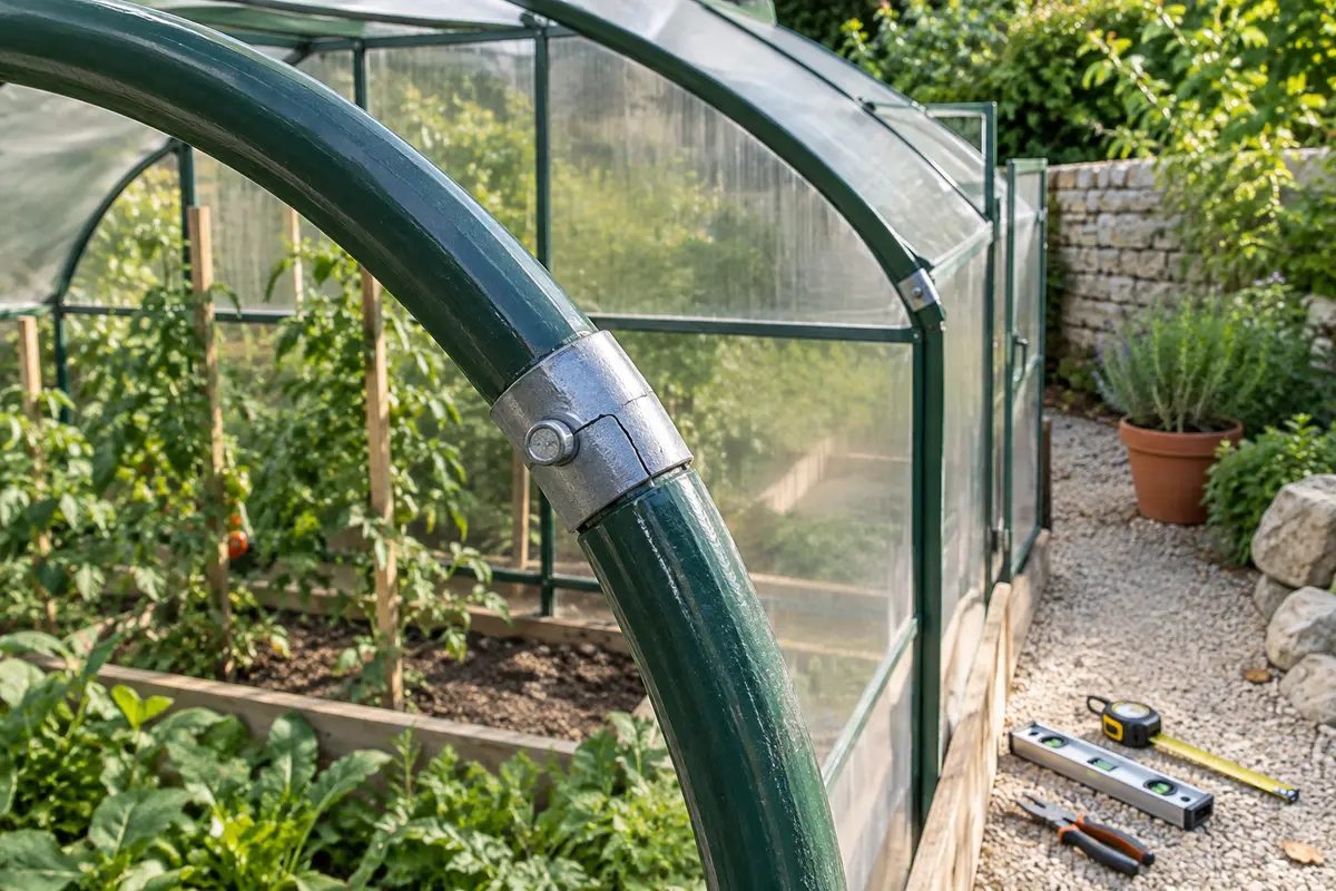 Arceau courbe et raccord endommagé visibles sur la structure d’une serre de jardin