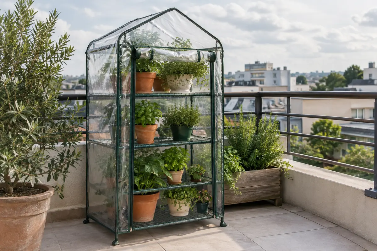 Serre compacte posée sur le sol d’un balcon, avec étagères et pots répartis dans sa structure.