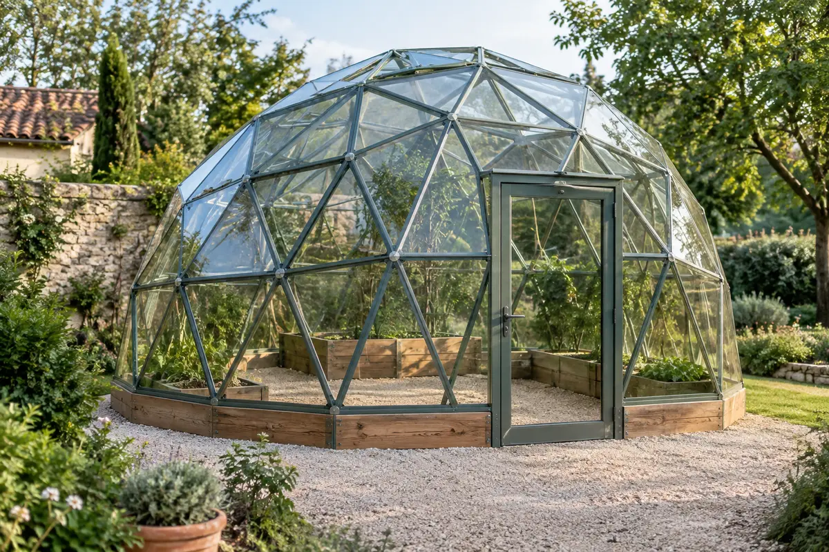 Serre géodésique à panneaux triangulés dans un jardin, avec sa forme arrondie et son accès visibles
