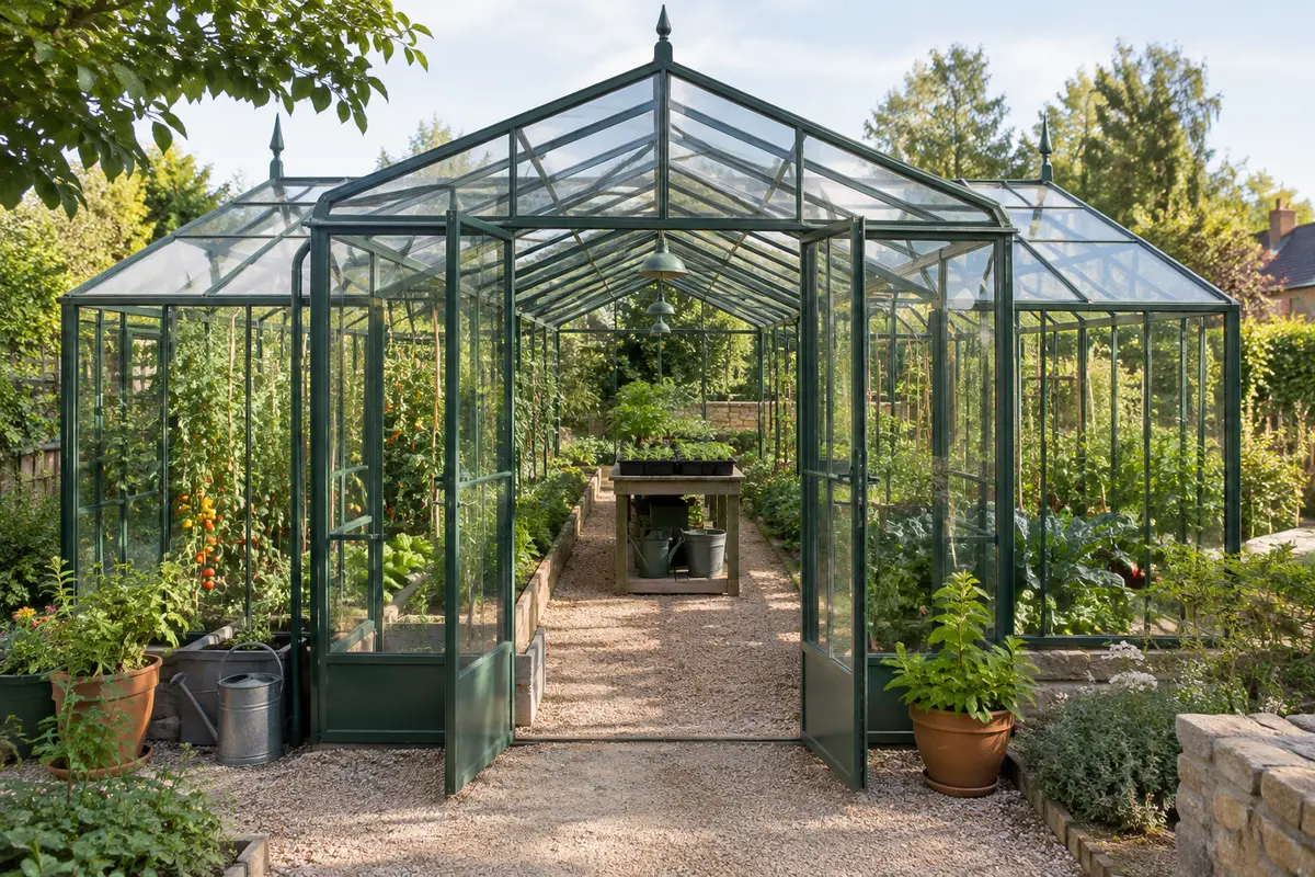 Serre multi-chapelles avec plusieurs travées de culture, rangs de légumes et allée de circulation centrale