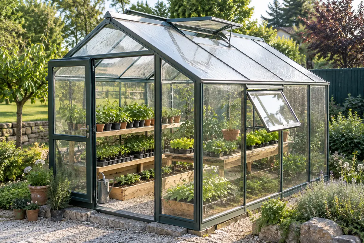 Serre de jardin avec lucarne et fenêtre latérale entrouvertes au-dessus de rangs de jeunes plants.