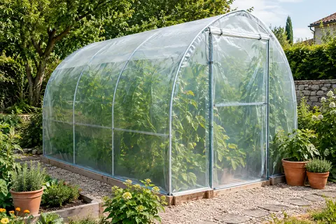 Film transparent en polyéthylène posé sur une serre de jardin au milieu de feuillages verts.