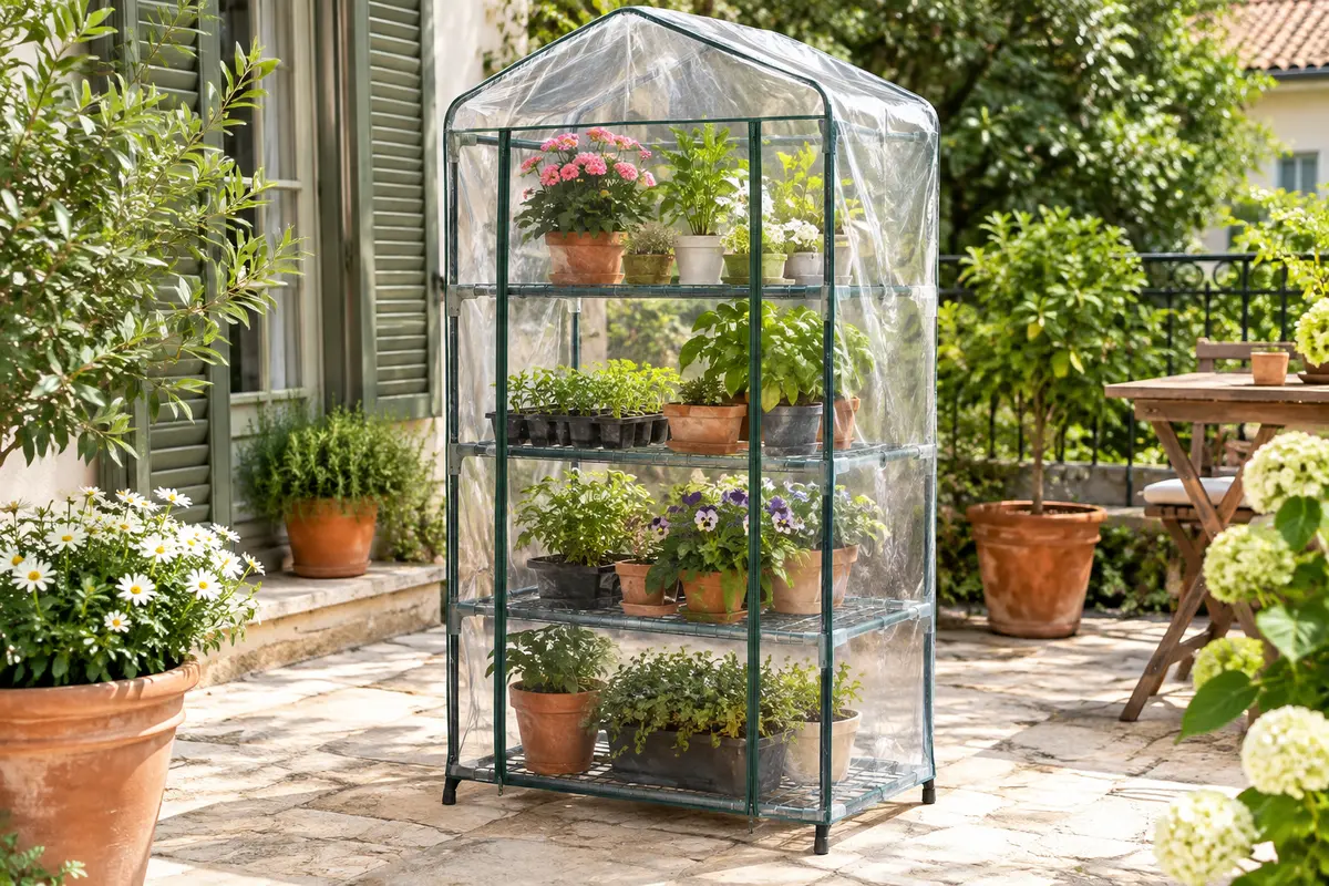 Housse transparente en PVC installée sur une serre de jardin à quatre niveaux dans un espace extérieur.