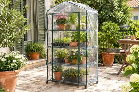 Housse transparente en PVC installée sur une serre de jardin à quatre niveaux dans un espace extérieur.