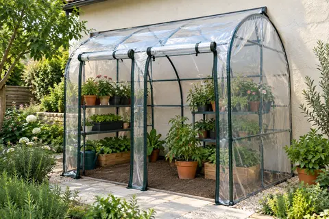 Serre adossée en acier avec couverture transparente en PVC et deux portes enroulables dans un jardin