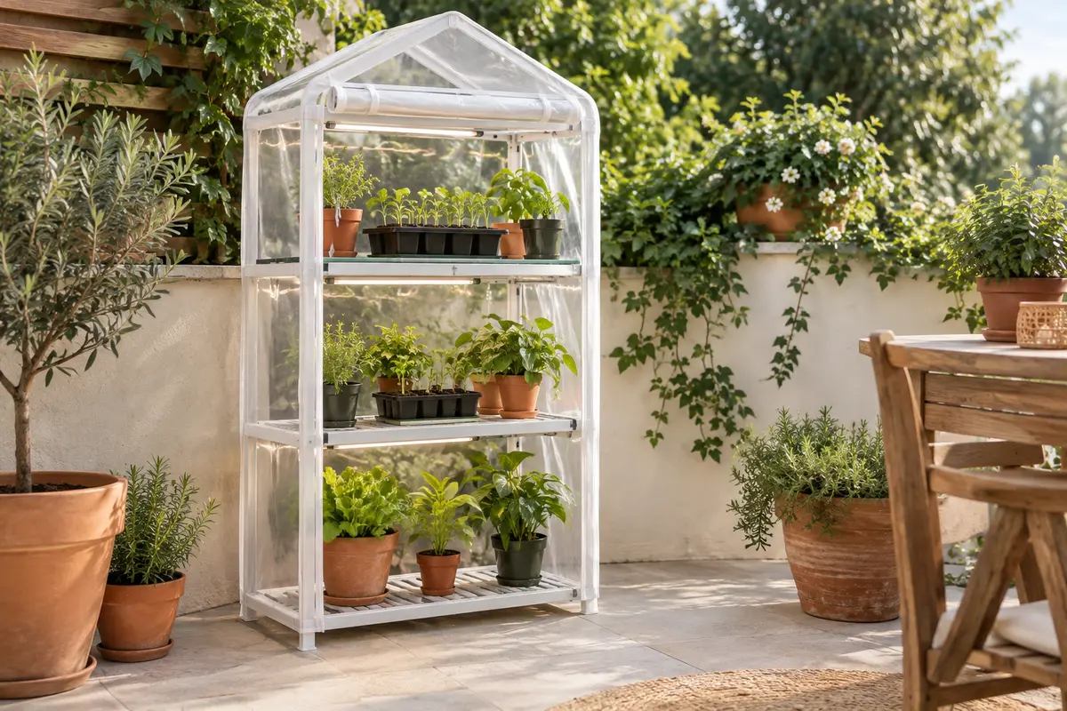 Serre de balcon blanche à trois niveaux avec couverture en PE et éclairage intégré, garnie de pots de semis.