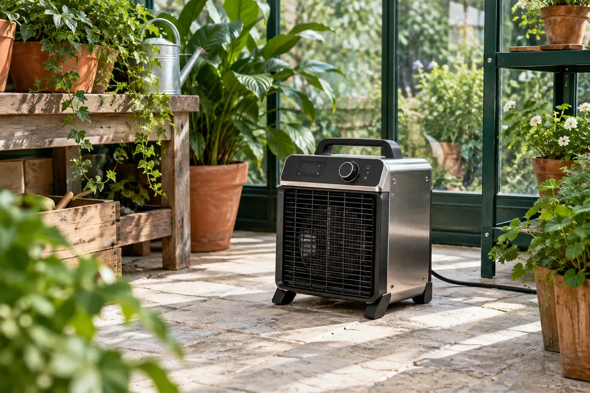 Chauffage soufflant Bio Green en métal dans une serre lumineuse, entouré de feuillages et de pots
