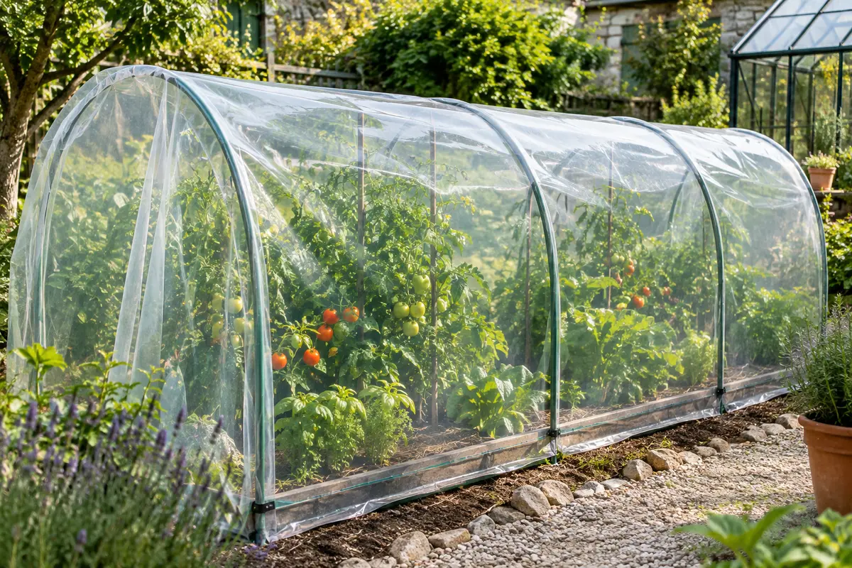 Bâche transparente posée sur un tunnel de culture avec des plants de tomates dans un jardin