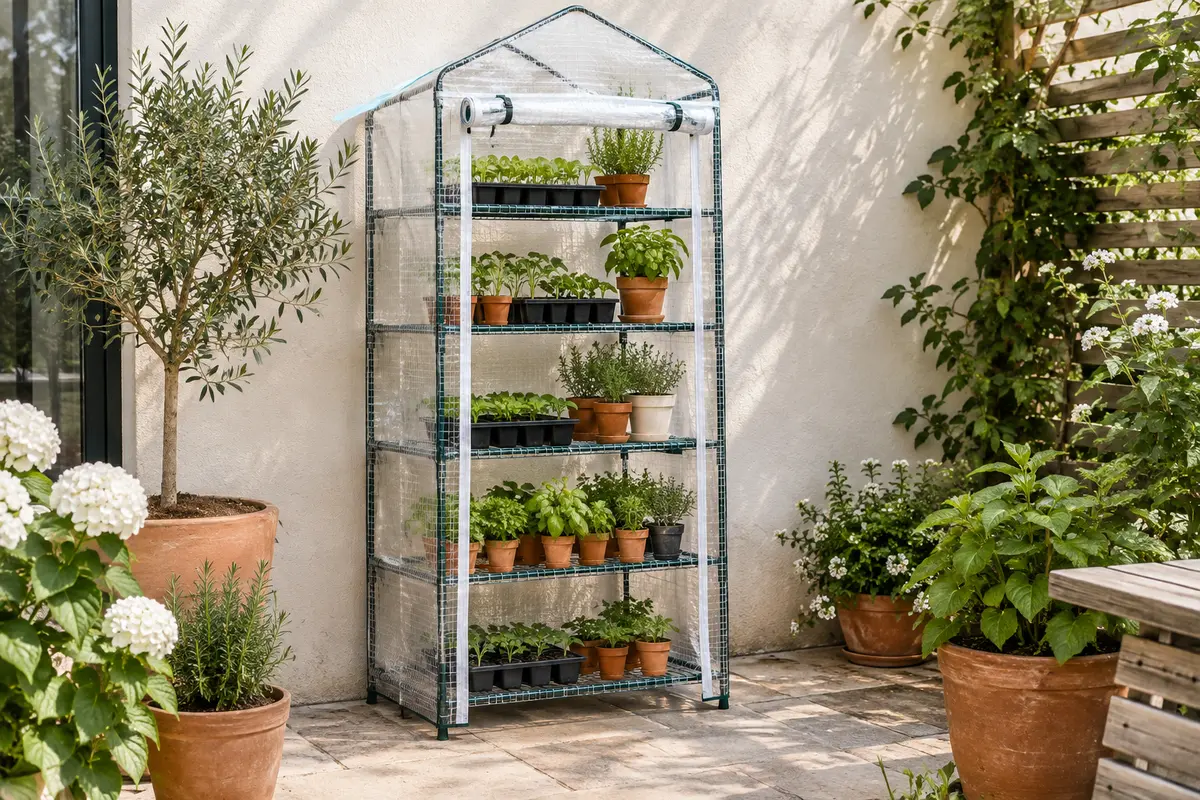 Serre verticale à cinq étagères avec housse transparente, garnie de semis sur une terrasse claire.