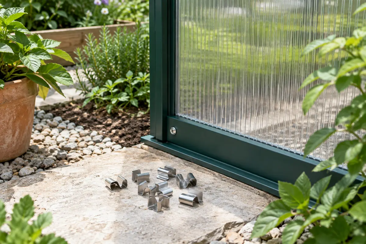 Clips de fixation en acier inoxydable près d’un panneau de polycarbonate de serre