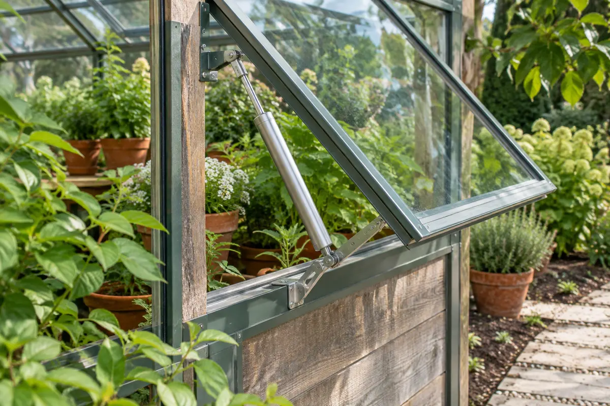 Ouvre-fenêtre automatique en acier fixé à une fenêtre entrouverte dans une serre de jardin.