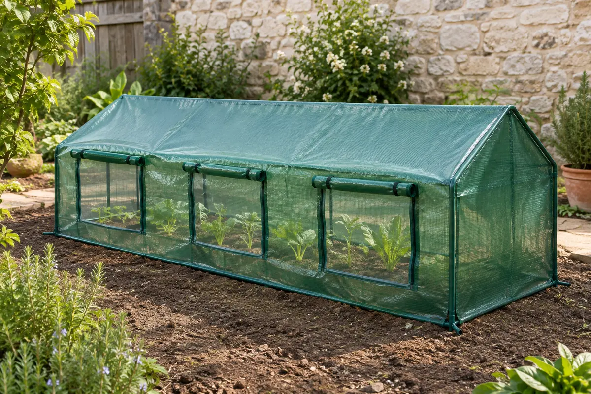 Mini-serre verte à toiture deux pans, structure en acier et trois fenêtres zippées dans un jardin.