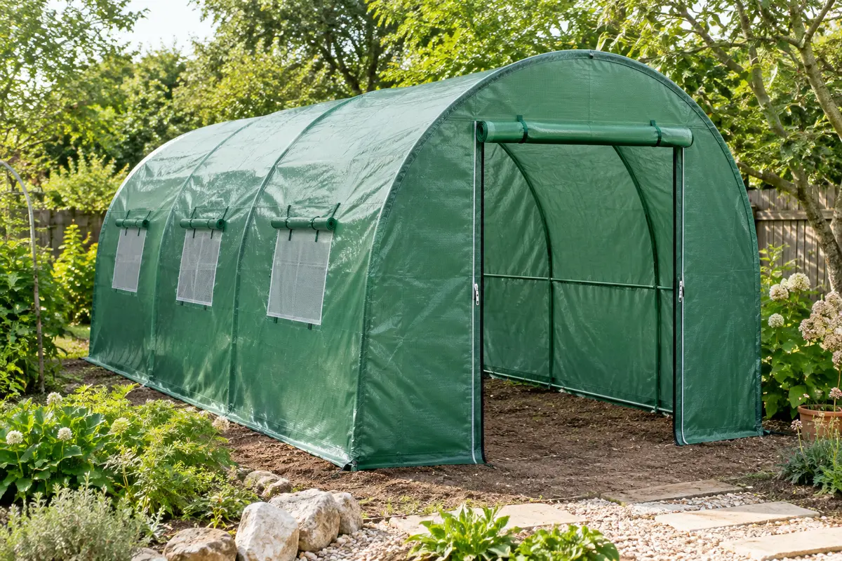 Housse verte renforcée sur un tunnel de jardin incurvé, avec porte zippée et ouvertures d’aération en maille.