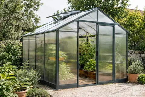 Serre de jardin en aluminium sombre avec panneaux transparents, porte coulissante et lucarne de toit réglable.