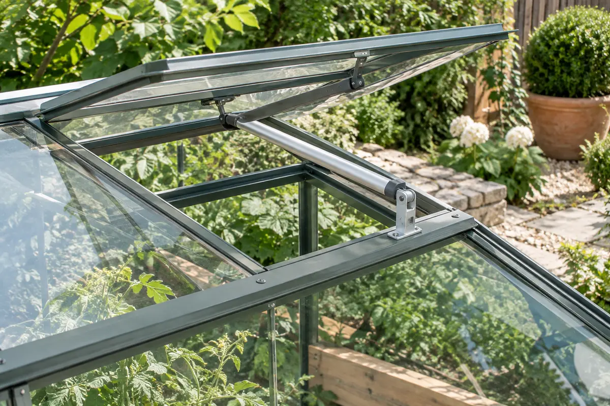 Ouvre-fenêtre en aluminium installé sur un évent de toit vitré dans une serre de jardin