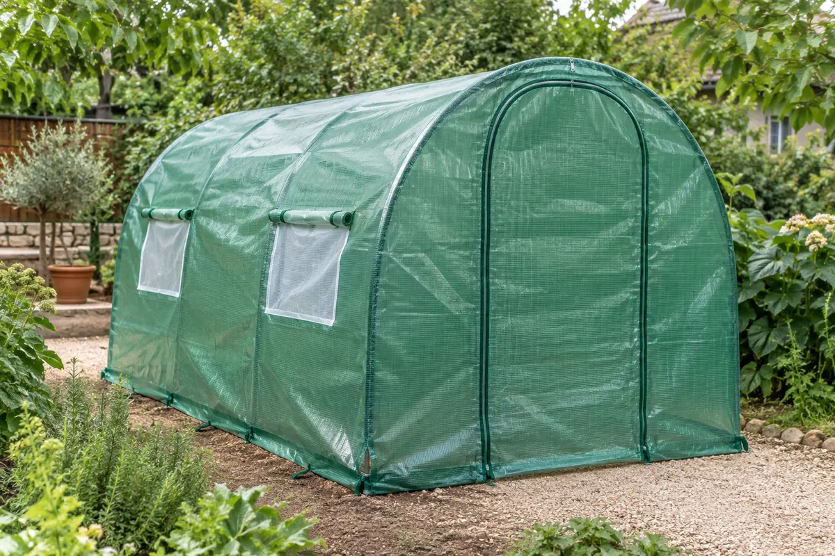 Bâche verte de remplacement installée sur une serre tunnel, avec porte zippée et deux fenêtres.