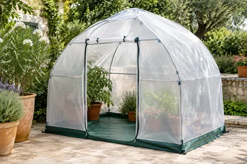 Serre d’hivernage dôme translucide avec tapis vert, installée sur une terrasse près de plantes en pots.
