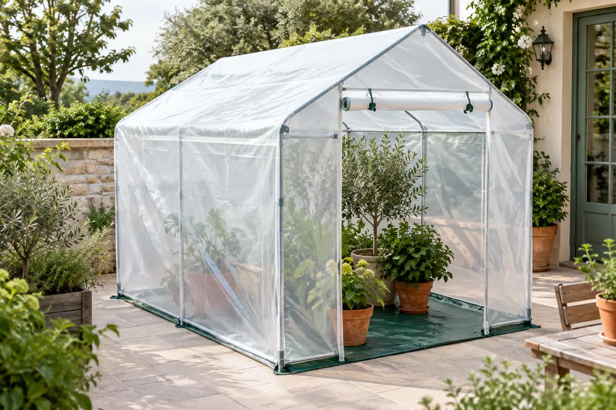 Serre d’hivernage à structure en acier et bâche transparente, installée sur une terrasse près de plantes en pots.