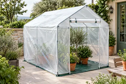 Serre d’hivernage à structure en acier et bâche transparente, installée sur une terrasse près de plantes en pots.