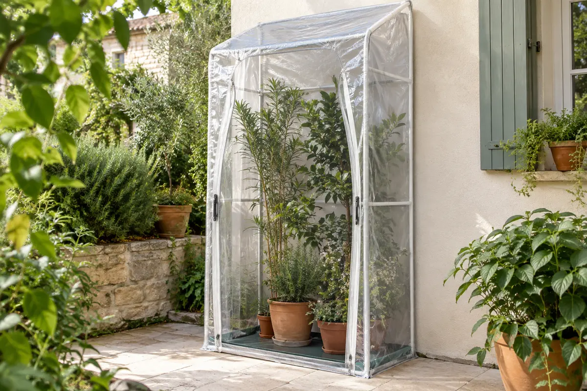 Serre d’hivernage adossée à bâche transparente, avec deux ouvertures latérales et des plantes en pots.