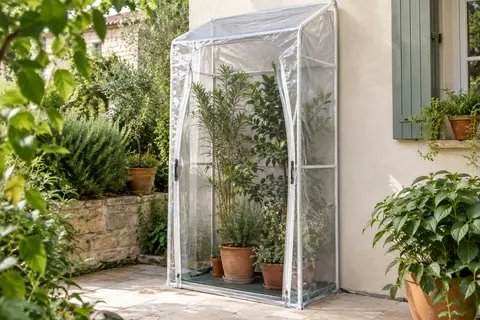 Serre d’hivernage adossée à bâche transparente, avec deux ouvertures latérales et des plantes en pots.