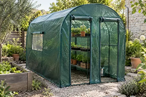 Mini-serre de jardin à structure métallique, avec deux portes enroulables et une étagère à trois niveaux