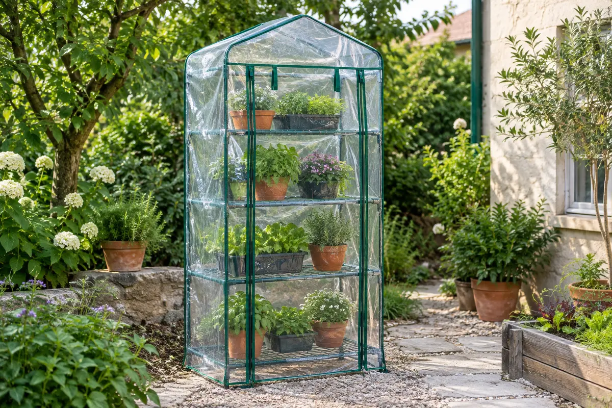 Housse transparente KCT à porte zippée installée sur une mini serre de jardin à quatre niveaux