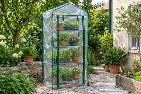 Housse transparente KCT à porte zippée installée sur une mini serre de jardin à quatre niveaux