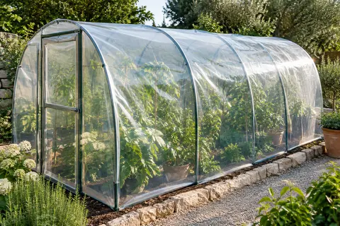 Bâche transparente tendue sur une serre tunnel dans un jardin avec des plants visibles à travers le film