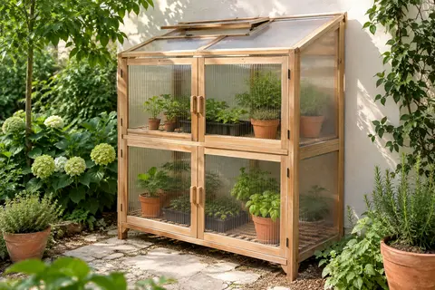 Serre adossée en bois et polycarbonate transparent, avec deux niveaux et toit réglable dans un jardin.