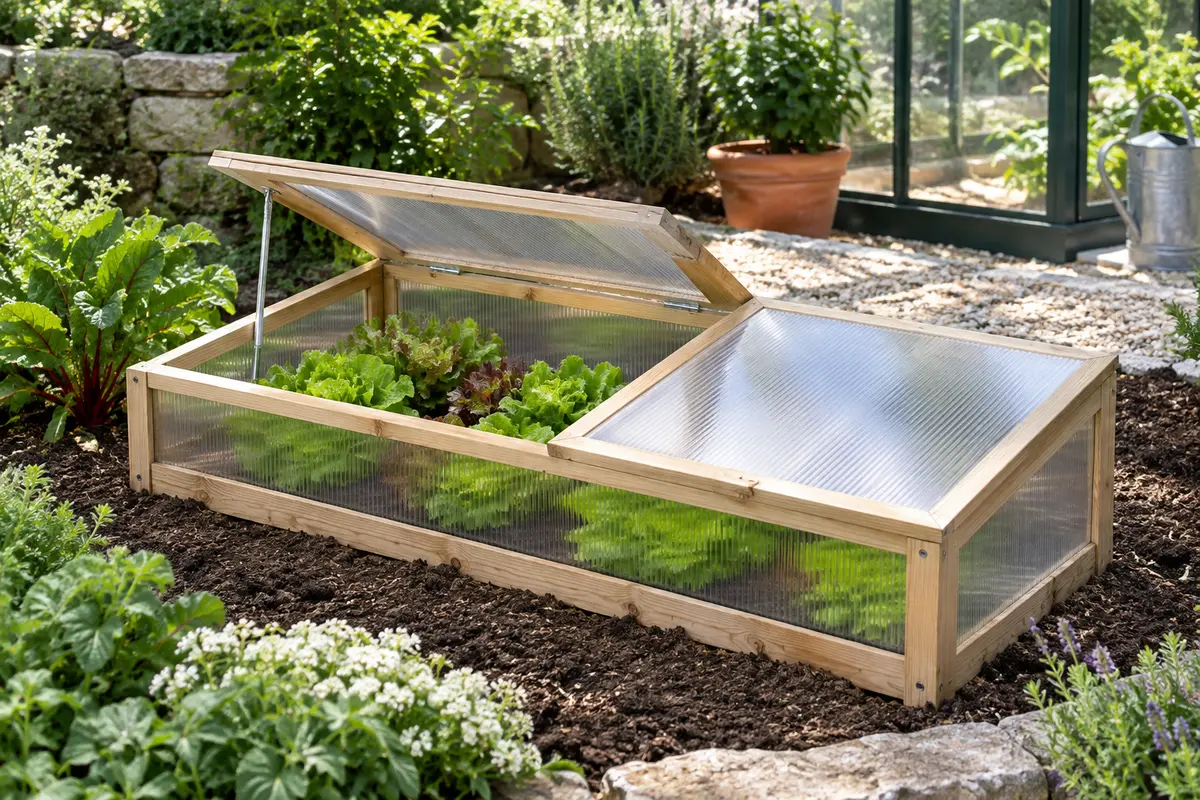 Châssis de jardin bas en bois et polycarbonate, couvercle gauche entrouvert au-dessus de jeunes salades.