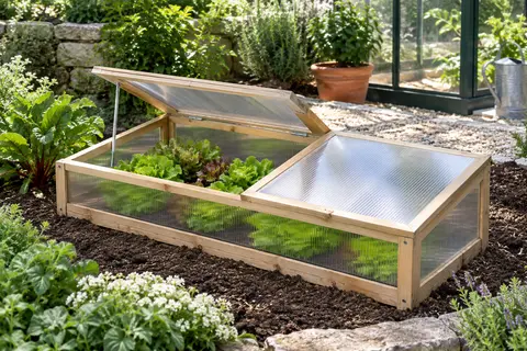 Châssis de jardin bas en bois et polycarbonate, couvercle gauche entrouvert au-dessus de jeunes salades.