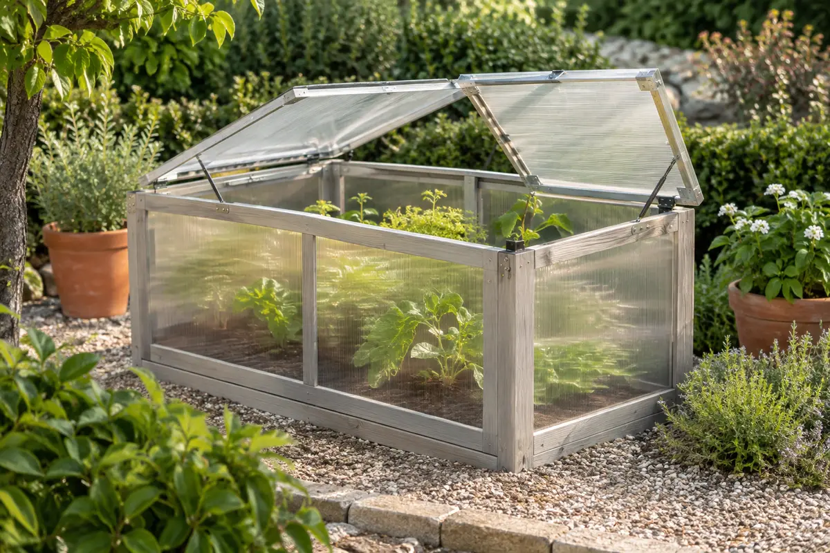 Châssis froid Outsunny en bois gris clair et polycarbonate, avec ses deux éléments de toit ouverts dans un jardin.