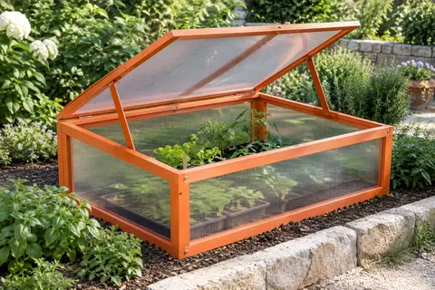 Châssis froid compact en bois peint et polycarbonate, toit ouvrant au-dessus de jeunes plants