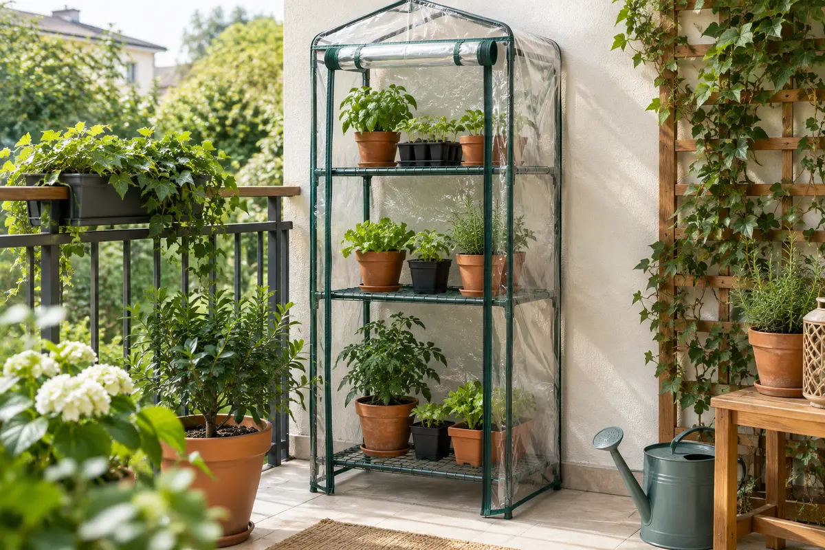 Mini-serre de balcon à bâche transparente avec trois étagères métalliques garnies de pots de jeunes plants.
